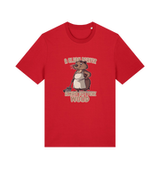red animal t-shirt with the graphic of a beaver and the slogan 'a clean beaver always gets more wood'