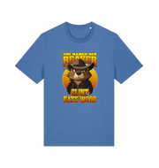 blue animal t-shirt with a graphic of a beaver wearing a cowboy hat and the text 'she named her beaver clint eats wood'