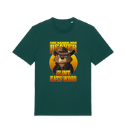 green animal t-shirt with a graphic of a beaver wearing a cowboy hat and the text 'she named her beaver clint eats wood'
