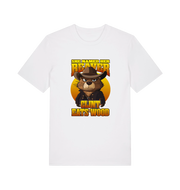 white animal t-shirt with a graphic of a beaver wearing a cowboy hat and the text 'she named her beaver clint eats wood'