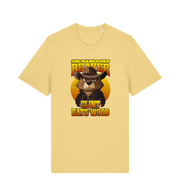 yellow animal t-shirt with a graphic of a beaver wearing a cowboy hat and the text 'she named her beaver clint eats wood'