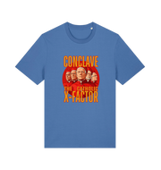 blue funny offensive t-shirt with 'Conclave The Catholic X-Factor' graphic 