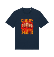 navy funny offensive t-shirt with 'Conclave The Catholic X-Factor' graphic 