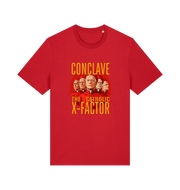 red funny offensive t-shirt with 'Conclave The Catholic X-Factor' graphic 