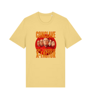 yellow funny offensive t-shirt with 'Conclave The Catholic X-Factor' graphic 