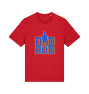 red dad t-shirt with 'DAD BOD' graphic in blue and yellow 