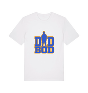 white dad t-shirt with 'DAD BOD' graphic in blue and yellow 