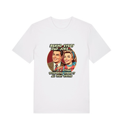 white funny t-shirt with a graphic of a man and woman and humorous text 