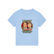 light blue funny graphic t-shirt with a retro man and woman and the slogan 'behind every dad joke is a woman wondering where it all went wrong'