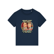 navy funny graphic t-shirt with a retro man and woman and the slogan 'behind every dad joke is a woman wondering where it all went wrong'