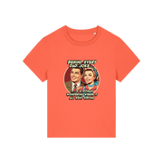 orange funny graphic t-shirt with a retro man and woman and the slogan 'behind every dad joke is a woman wondering where it all went wrong'