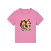 pink funny graphic t-shirt with a retro man and woman and the slogan 'behind every dad joke is a woman wondering where it all went wrong'