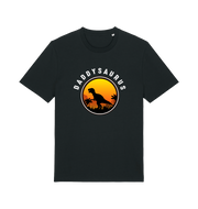 Black dad t-shirt with 'Daddysaurus' graphic design featuring a dinosaur silhouette against a sunset background.