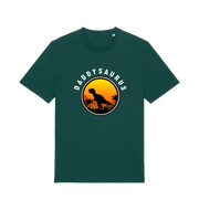 green dad t-shirt with 'Daddysaurus' graphic design featuring a dinosaur silhouette against a sunset 
