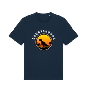 navy dad t-shirt with 'Daddysaurus' graphic design featuring a dinosaur silhouette against a sunset 