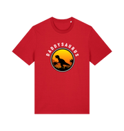 red dad t-shirt with 'Daddysaurus' graphic design featuring a dinosaur silhouette against a sunset 