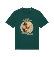 green funny t-shirt with the graphic of jesus playing a guitar