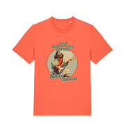 orange funny t-shirt with the graphic of jesus playing a guitar