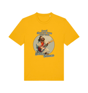 yellow funny t-shirt with the graphic of jesus playing a guitar