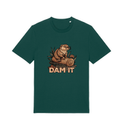 green animal t-shirt with a beaver graphic and 'DAM IT' slogan