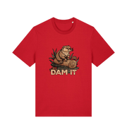 red animal t-shirt with a beaver graphic and 'DAM IT' slogan