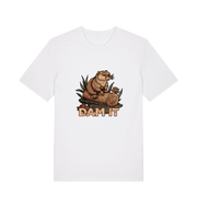 white animal t-shirt with a beaver graphic and 'DAM IT' slogan