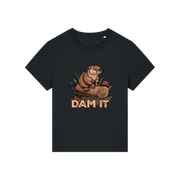 black funny animal t-shirt with the graphic of a beaver sat on a log and the slogan 'dam it'