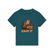 teal funny animal t-shirt with the graphic of a beaver sat on a log and the slogan 'dam it'