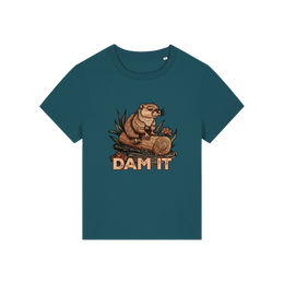 teal funny animal t-shirt with the graphic of a beaver sat on a log and the slogan 'dam it'
