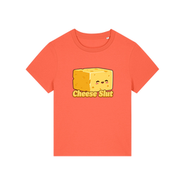 orange funny offensive t-shirt with the graphic of a cartoon cheese and the slogan 'cheese slut'