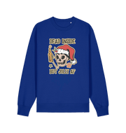blue xmas sweater with the graphic of a skull with a bottle of beer and the slogan 'dead inside but jolly af'