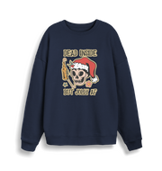 navy xmas sweater with the graphic of a skull with a bottle of beer and the slogan 'dead inside but jolly af'