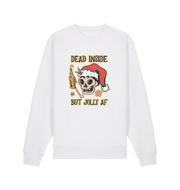 white xmas sweater with the graphic of a skull with a bottle of beer and the slogan 'dead inside but jolly af'
