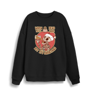 black christmas jumper with the graphic of a skeleton drinking a beer and the slogan 'when you're dead inside but it's christmas'