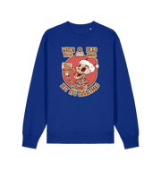 blue christmas jumper with the graphic of a skeleton drinking a beer and the slogan 'when you're dead inside but it's christmas'
