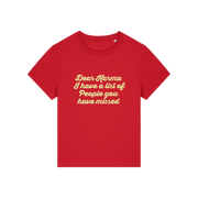 red sarcastic t-shirt with the slogan 'dear karma i have a list of people you have missed'
