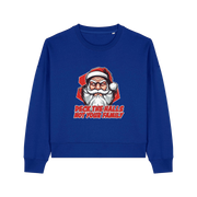 blue xmas sweater with the graphic of santa and the slogan 'deck the halls ot your family'