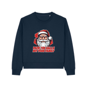navy xmas sweater with the graphic of santa and the slogan 'deck the halls ot your family'