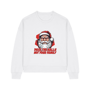 white xmas sweater with the graphic of santa and the slogan 'deck the halls ot your family'