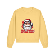 yellow xmas sweater with the graphic of santa and the slogan 'deck the halls ot your family'