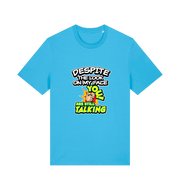 blue funny offensive t-shirt with the slogan 'despite the look on my face you are still talking'