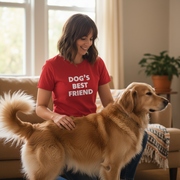 Woman wearing a red 'DOG'S BEST FRIEND' shirt petting a golden dog in a living room.