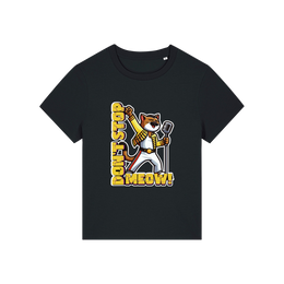 black music t-shirt with the graphic of a cat dressed as freddie mercury and the slogan 'don't stop meow'