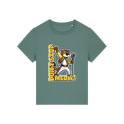 green music t-shirt with the graphic of a cat dressed as freddie mercury and the slogan 'don't stop meow'