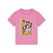 pink music t-shirt with the graphic of a cat dressed as freddie mercury and the slogan 'don't stop meow'