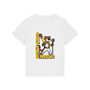 white music t-shirt with the graphic of a cat dressed as freddie mercury and the slogan 'don't stop meow'