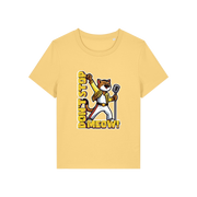 yellow music t-shirt with the graphic of a cat dressed as freddie mercury and the slogan 'don't stop meow'