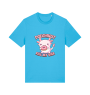 blue kawaii t-shirt with the graphic of an axolotl holding a doughnut and the slogan 'doughnut kill my vibe'