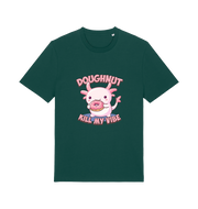 green kawaii t-shirt with the graphic of an axolotl holding a doughnut and the slogan 'doughnut kill my vibe'