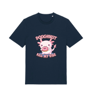 navy kawaii t-shirt with the graphic of an axolotl holding a doughnut and the slogan 'doughnut kill my vibe'